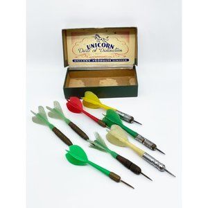 Vintage Unicorn Tex Flight Darts Lot of 8 Darrow Feather Steel Brass Box